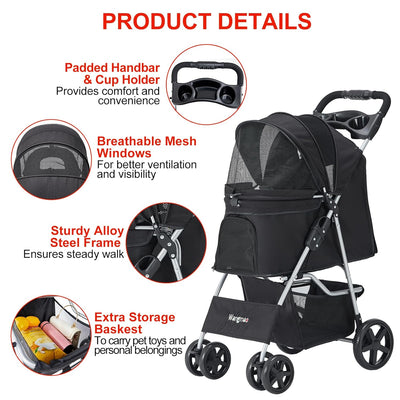 Pet Stroller for Medium Small Dogs and Cats, Folding Puppy Stroller Dog Cat Cage Jogger with Cup Holder and Storage Basket, 4 Wheels, Black