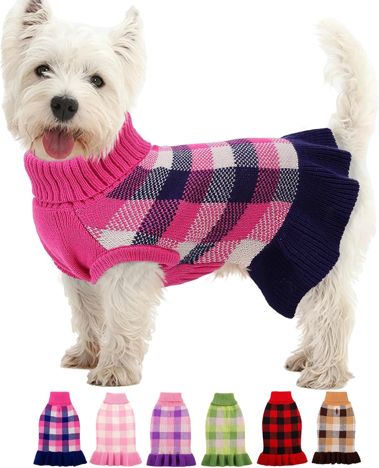 Dog Sweater Dress Plaid Knitwear for Small Medium Dogs Warm Puppy Pet Turtleneck Stretch Pullover Cute Fall Winter Vest Clothes with Leash Hole for Christmas (Pink, M)