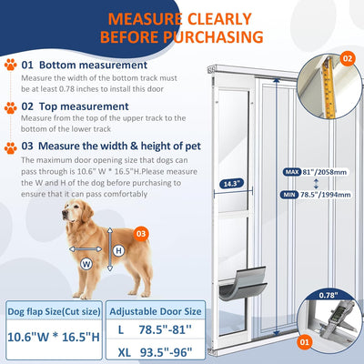 Puerta para perro para puerta corrediza de cristal, 3 solapas gruesas, eficaz resistente a la intemperie, doble atracción magnética, para perros medianos a grandes, puerta corredera ajustable de 79 a
