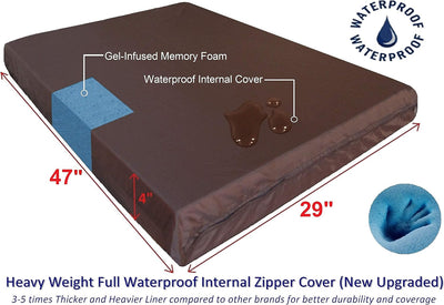 Dogbed4less, cama para perro grande, ortopédica, gel inyectado, espuma de memoria de enfriamiento, forro impermeable y colcha duradera, tamaño grande, XXL 55 pulgadas x 37 pulgadas x 4 pulgadas.