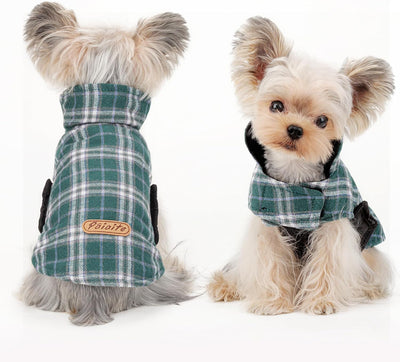 Reversible Warm Dog Coat with Hook and Loop Tape Straps: British-Style Plaid Jacket for Winter, Cozy Cold-Weather Vest for Small, Medium & Large Dogs ¨C Ideal for Snow and Outdoor Adventures Green XXS
