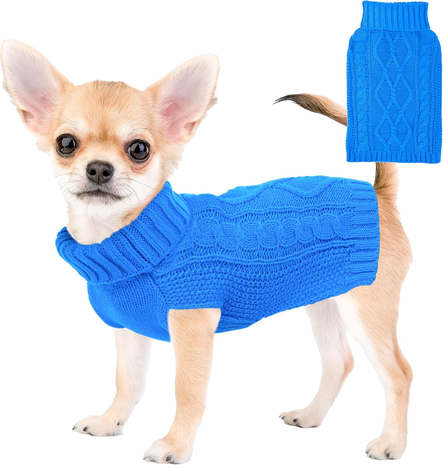 Dog Sweaters for Small Dogs XS Dog Sweater Winter Dog Clothes Boy Chihuahua Yorkie Sweater Warm Pet Clothes Knitted Solid Puppy Sweater Cat Sweater Doggy Turtleneck for Cold Weather (Blue, X-Small)