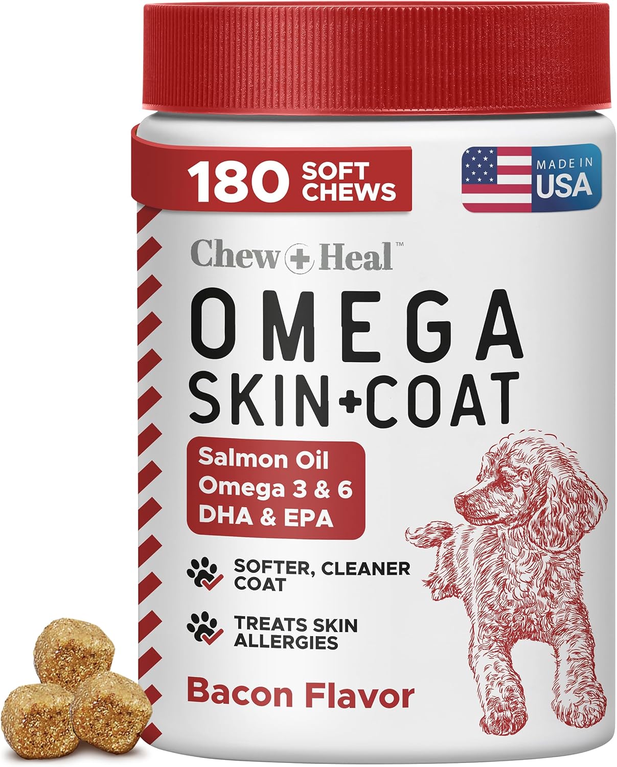 Salmon Oil for Dogs - 180 Soft Chew Omega Treats for Skin and Coat - Fish Oil Blend of Essential Fatty Acids, Omega 3 and 6, Vitamins, Antioxidants and Minerals - Made in USA