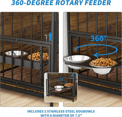 LOVMOR Dog Cage Furniture with Rotating Feeder Bowls, Dog Kennel Indoor with Cushion, Dog Crates for Small and Medium Dogs, 41" L X 23.6" W 35.8" H, Rustic Brown