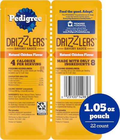 Pedigree Drizzlers Wet Dog Savory Sauce Natural Chicken Flavor, 60g Dual-Serving Pouch (22 Count, 48 Servings Total)