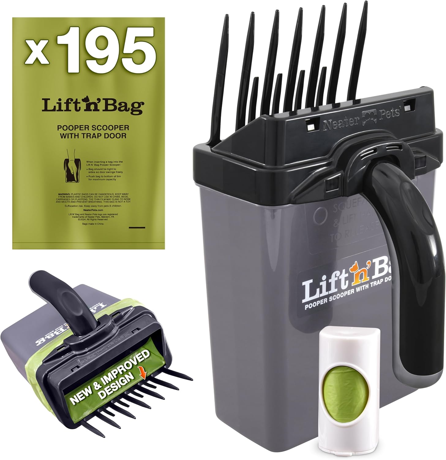 Neater Pet Brands Lift N’ Bag 2.0 Dog Pooper Scooper with Bag Attachment & 27" Pole for Small to Large Dogs, New & Improved Design, 15 Refill Bags, Heavy Duty Dog Poop Scooper for Yard, One-Hand Use