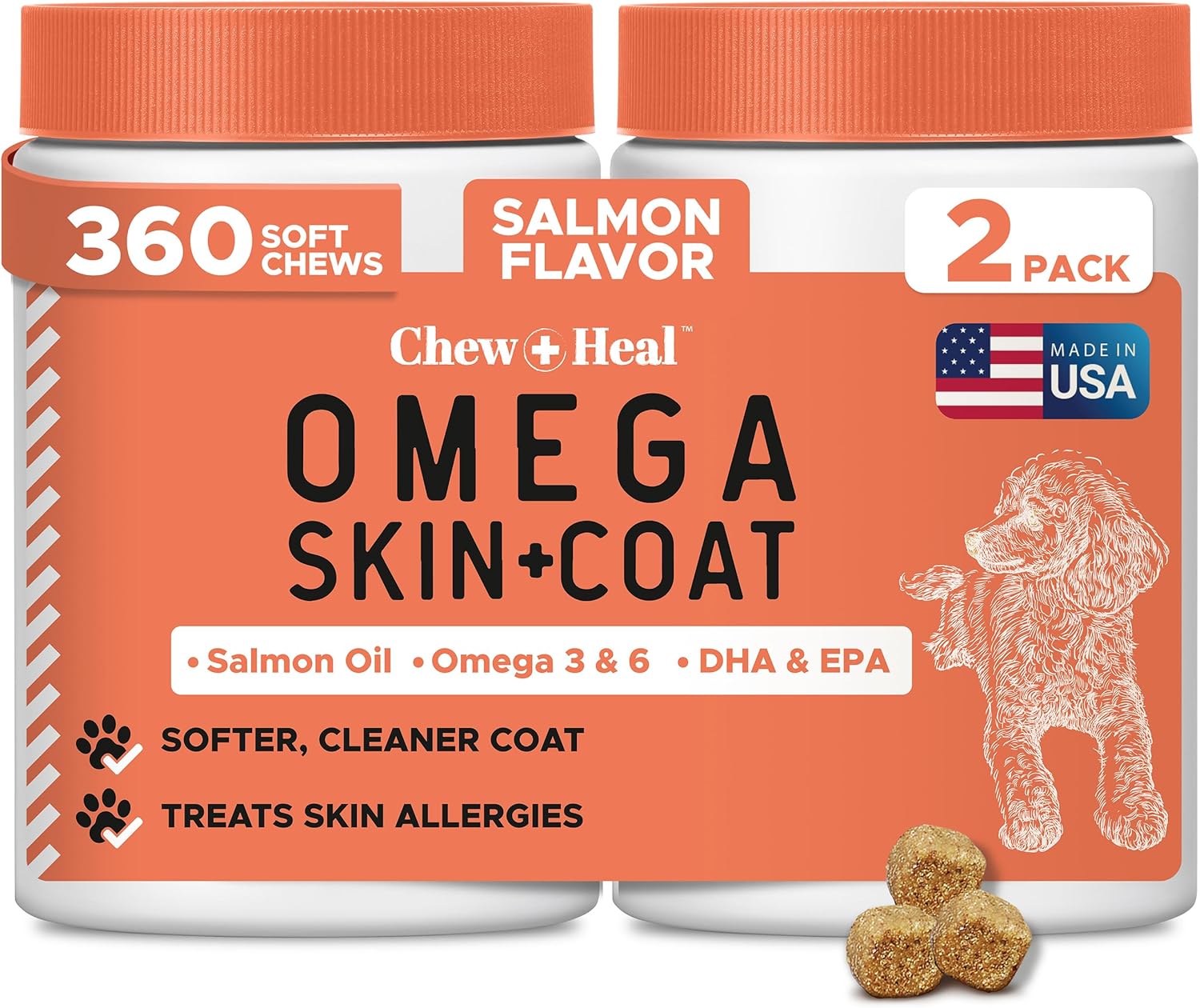 Salmon Oil for Dogs - 180 Soft Chew Omega Treats for Skin and Coat - Fish Oil Blend of Essential Fatty Acids, Omega 3 and 6, Vitamins, Antioxidants and Minerals - Made in USA