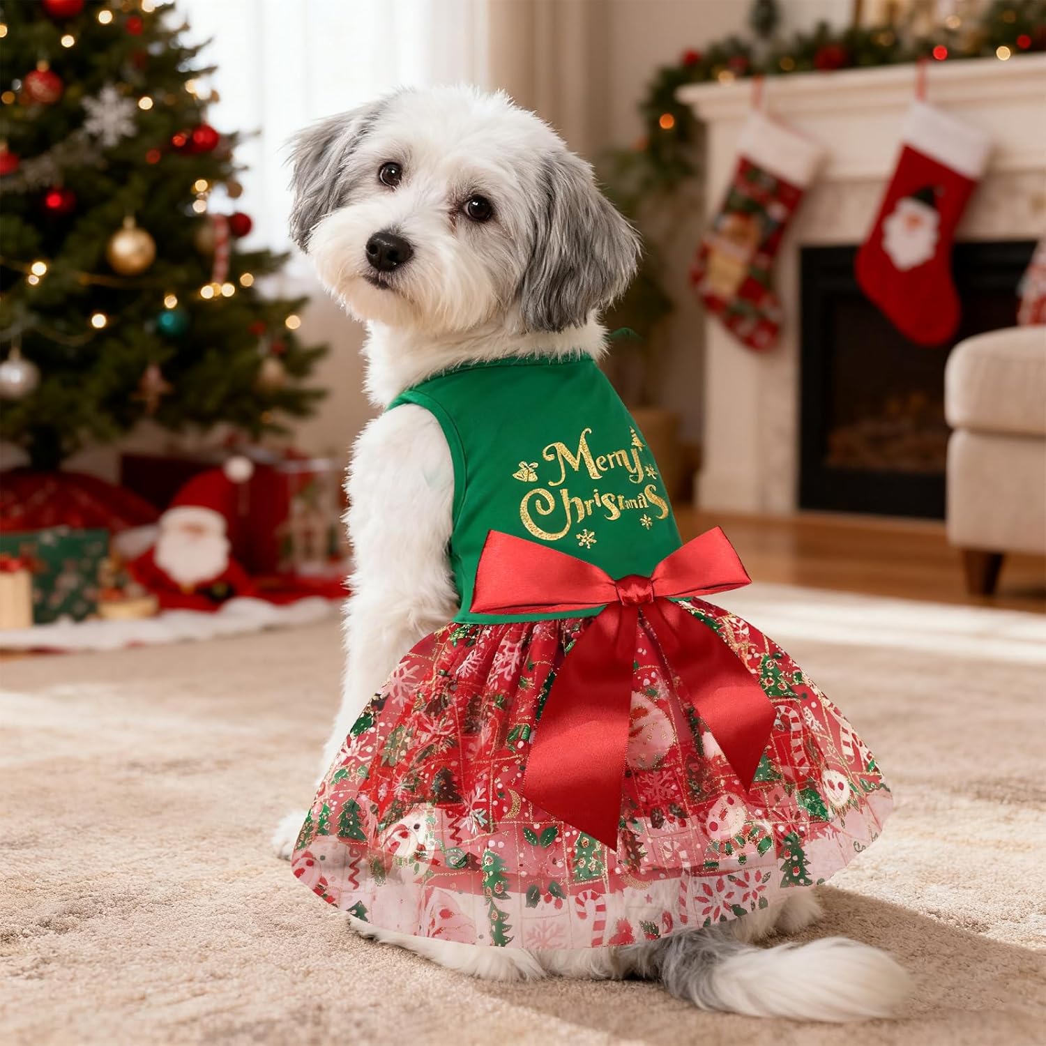 Dog Christmas Outfit Sparkly Pet Holiday Tulle Dress Christmas Dog Dress Pet Dress with Bow Puppy Sundress for Small Dogs Cat Clothes (M)