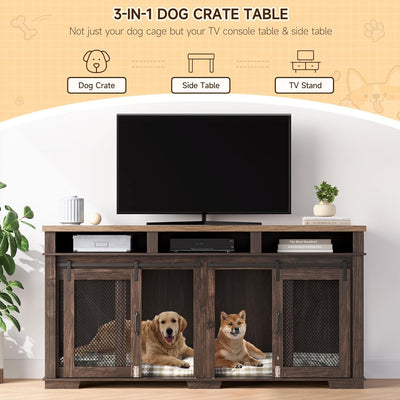 GarveeLife 71 in Dog Crate Furniture for 2 Dogs, Large Double Dog Cage with 3 Storage Drawers & Removable Divider, Dog Kennel As TV Stand, Furniture Style Dog Crates with Sliding Barn Door