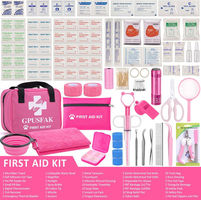 136pcs Pink Pet First Aid Kit for Dogs and Cats - Pet Emergency Kit for Camping Hiking Traveling Hunting