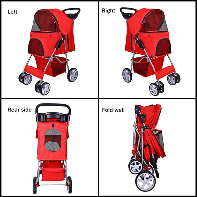 Pet Stroller, 4 Wheels Multifunction Dog Cat Stroller, Folding Portable Travel Stroller with Detachable Carrier, Suitable for Medium Small Dogs Cats, Red
