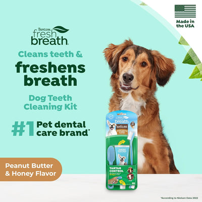 TropiClean Fresh Breath Oral Care Kit - Soft Bristle Finger Toothbrush - Dog Tooth Brushing Kit - Peanut Butter and Honey Flavor Dog Toothpaste