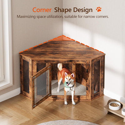 Corner Dog Crate Furniture, Wooden Dog Kennel End Table, Decorative Pet Crate Indoor Use, Furniture Style Dog House for Small Medium Dog, Dog Cage TV Stand, Rustic Brown DCRB0801
