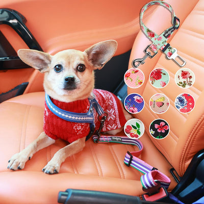 Blueberry Pet 8 Patterns Cherry Garden Grey Adjustable Dog Seat Belt Tether for Dogs Cats, Durable Safety Car Vehicle Seatbelts Leads Use with Harness
