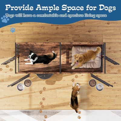 Grepatio 63" Dog Crate Furniture for 2 Dogs, Large Dog Kennel with 360° Rotating Feeder Bowls, Indoor Double Dogs Crates with 4 Doors, Wooden Crate TV Stand with Removable Divider