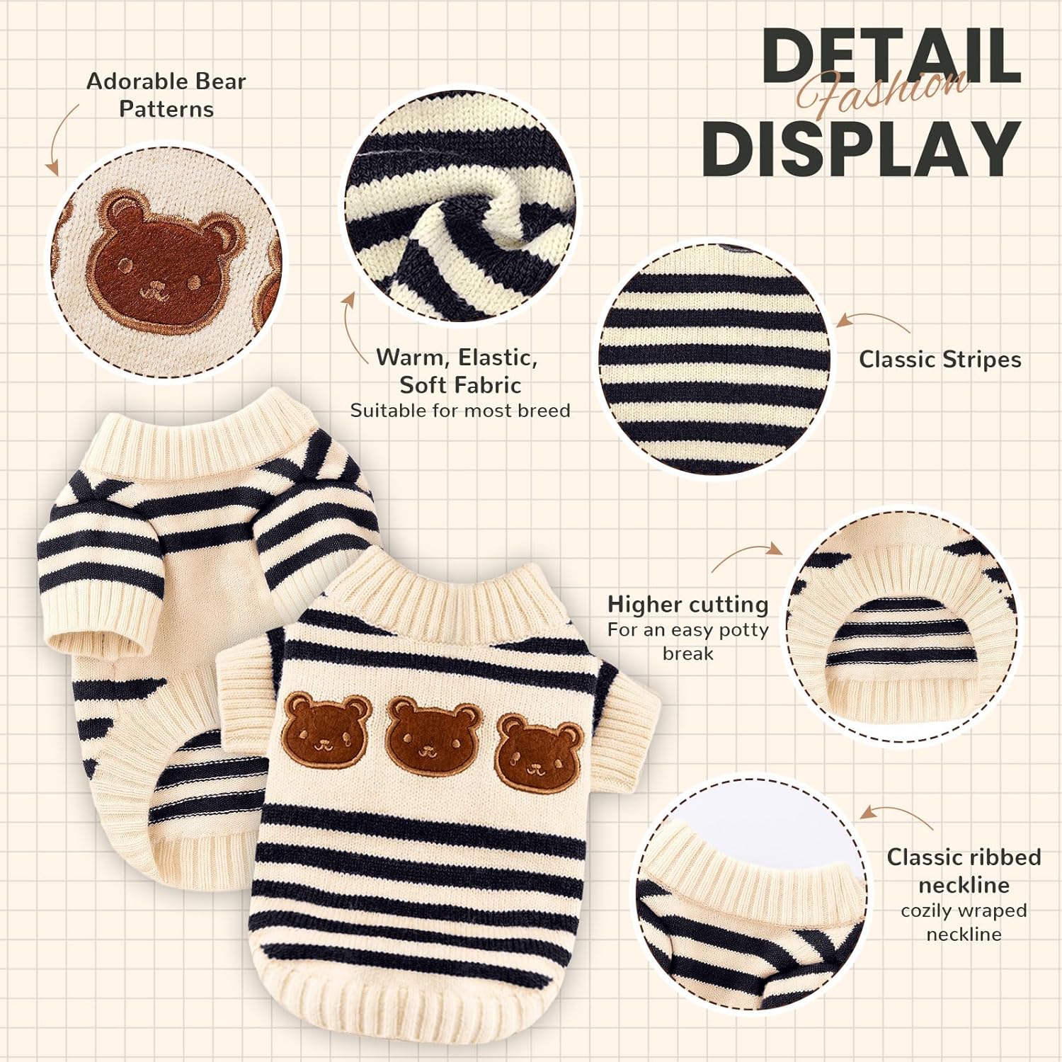 Dog Sweaters for Small Dogs with Cute Bear Pattern, Striped Soft Stretchable Warm Puppy Clothes for Small Dogs Cats, French Bulldog, Chihuahua for Winter