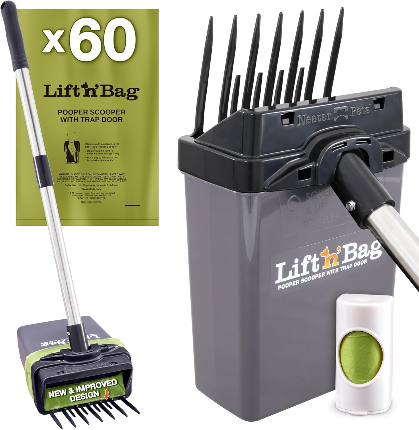 Neater Pet Brands Lift N’ Bag 2.0 Dog Pooper Scooper with Bag Attachment & 27" Pole for Small to Large Dogs, New & Improved Design, 15 Refill Bags, Heavy Duty Dog Poop Scooper for Yard, One-Hand Use