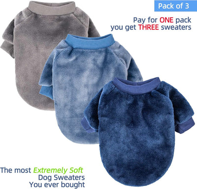 FabriCastle Dog Sweater, 3-Pack Dog & Cat Clothes, Ultra Soft and Warm Pet Jackets XXS XS for Small Dogs Boy & Girl, Winter Pet Apparel Costumes, Puppy Outfits (Grey,Blue,Dark Blue, Small)