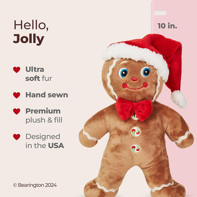 Bearington Jolly Ginger Christmas Stuffed Animal - 10" Soft Gingerbread Man Christmas Plushies with Bow Tie, Santa Hat, Weighted Body and Peppermint Buttons - Festive Gift for Kids and Holiday Decor