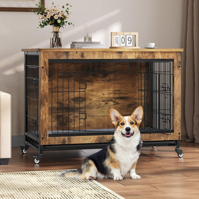 YITAHOME Dog Kennel Furniture with Wheels, Wooden Dog Crate Furniture with Cushion, 38" Dog Crate End Table with Tray for Small/Medium Dog (Rustic Brown)