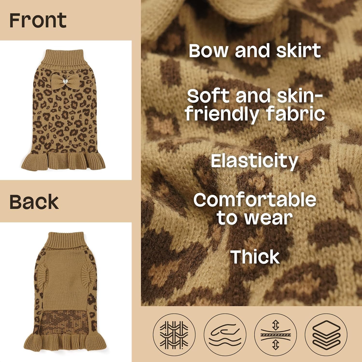 YUDODO Small Dog Sweater Dress with Bowtie Turtleneck Leopard Knitted Pet Girl Dog Winter Clothes Warm Sweater for Yorkies Chihuahua with Leash Hole (S, Khaki Leopard Dress)