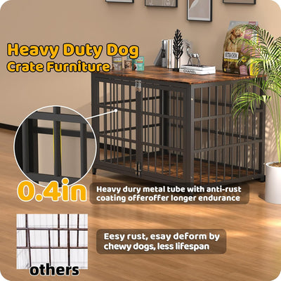 Heave Duty Dog Crate Furniture, Various Sizes & Colors Optional, Indestructible Cage for High Anxiety Dogs with Wooden Table for Indoor Decorative, Escape-Proof Locks & Double Door for Large XL Dogs