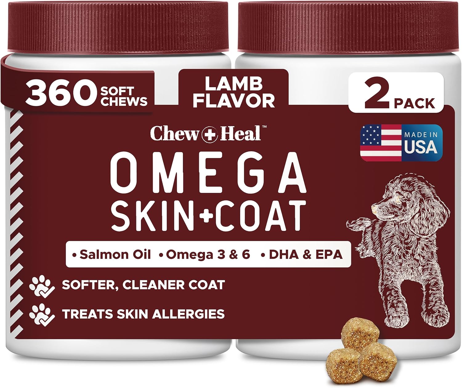 Salmon Oil for Dogs - 180 Soft Chew Omega Treats for Skin and Coat - Fish Oil Blend of Essential Fatty Acids, Omega 3 and 6, Vitamins, Antioxidants and Minerals - Made in USA
