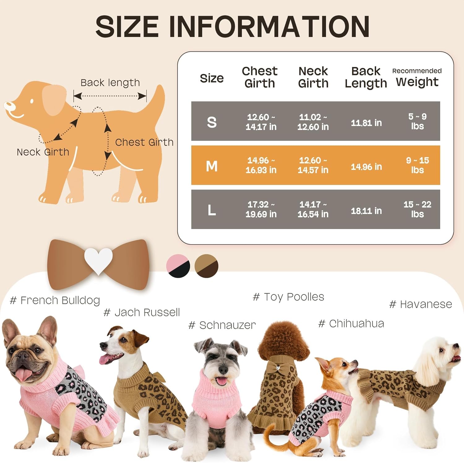 YUDODO Small Dog Sweater Dress with Bowtie Turtleneck Leopard Knitted Pet Girl Dog Winter Clothes Warm Sweater for Yorkies Chihuahua with Leash Hole (S, Khaki Leopard Dress)