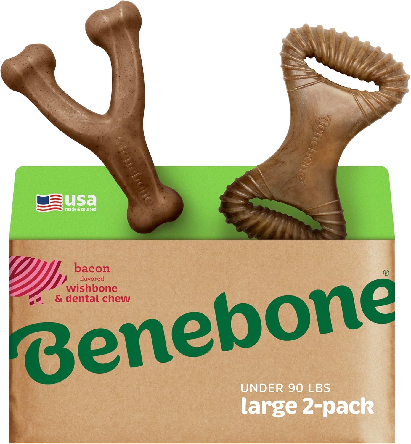 Benebone 2 Count (Pack of 1) Wishbone/Dental Durable Dog Chew Toys, Real Bacon, Made in USA, Small