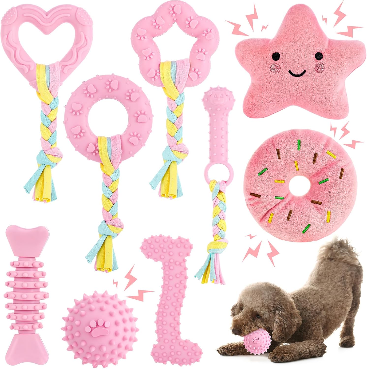 9Pack Pink Puppy Toys for Teething Treat Interactive to Keep Them Busy, Cute Soft Rubber Toy for Small Dogs, Girl Puppy Essentials