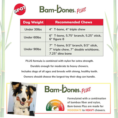 SPOT Bam-Bones Plus Branch -Bamboo Fiber & Nylon, Durable Long Lasting Dog Chew for Aggressive Chewers – Great Toy for Adult Dogs & Teething Puppies Under 60lbs, Non-Splintering, 5.75in, Beef Flavor