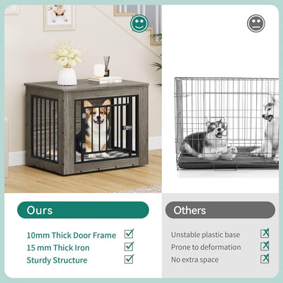 YITAHOME Dog Crate Furniture for Medium Dogs, Side End Table, Modern Dogs Kennel Indoor up to 35 lb, 2-in-1 Iron-Wood Fusion Dog Cage with Waterproof Top, Safety Corners,Steel Lock,30" L,Greige