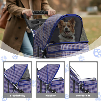 Pet Stroller for Small Dogs 10 lbs, Dog Stroller for Medium Dogs 30 lbs, Cat Strollers for 2 Cats, 3 Wheels Foldable Jogger Puppy Stroller with Storage Basket and Cup Holder, Plaid