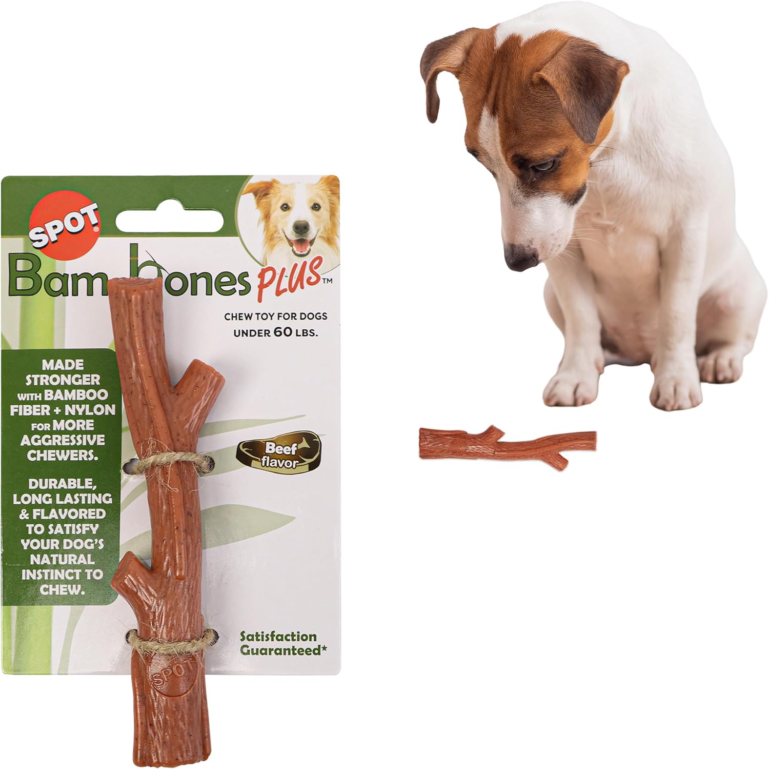 SPOT Bam-Bones Plus Branch -Bamboo Fiber & Nylon, Durable Long Lasting Dog Chew for Aggressive Chewers – Great Toy for Adult Dogs & Teething Puppies Under 60lbs, Non-Splintering, 5.75in, Beef Flavor