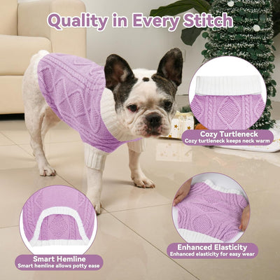 Dog Sweater for Medium Dogs Argyle Cable Knit Turtleneck Pullover Winter Clothes for Boys Girls Stretch French Bulldog Dachshund Corgi Pug Beagle Christmas Pet (L, Purple)