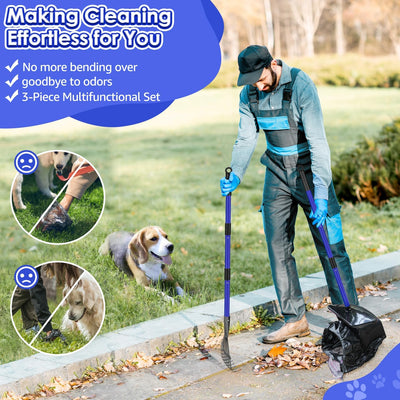SlowTon Recogedor para excrementos de perro – Cubo giratorio de metal ajustable de 37.4 pulgadas con mango largo, kit de rastrillo y pala con 20 bolsas de residuos, recogedor portátil para césped de
