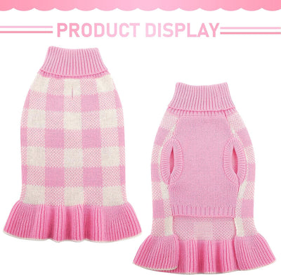Dog Sweater Dress Plaid Knitwear for Small Medium Dogs Warm Puppy Pet Turtleneck Stretch Pullover Cute Fall Winter Vest Clothes with Leash Hole for Christmas (Pink, M)