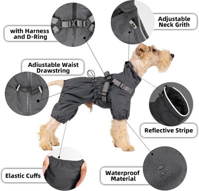 Mile High Life Waterproof Dog Raincoat, Full Coverage Small Dog Rain Coat with Harness, Adjustable 4 Legs Puppy Rain Jacket with Reflective Strip and Elastic Cuffs (Black, XS Back Length 11.4")