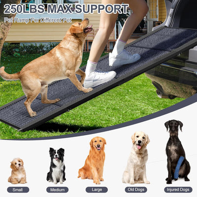 Rampa para perros para automóvil, 63 pulgadas de largo y 17 pulgadas de ancho, rampa portátil plegable para mascotas con superficie antideslizante para alfombra, escalones extra anchos