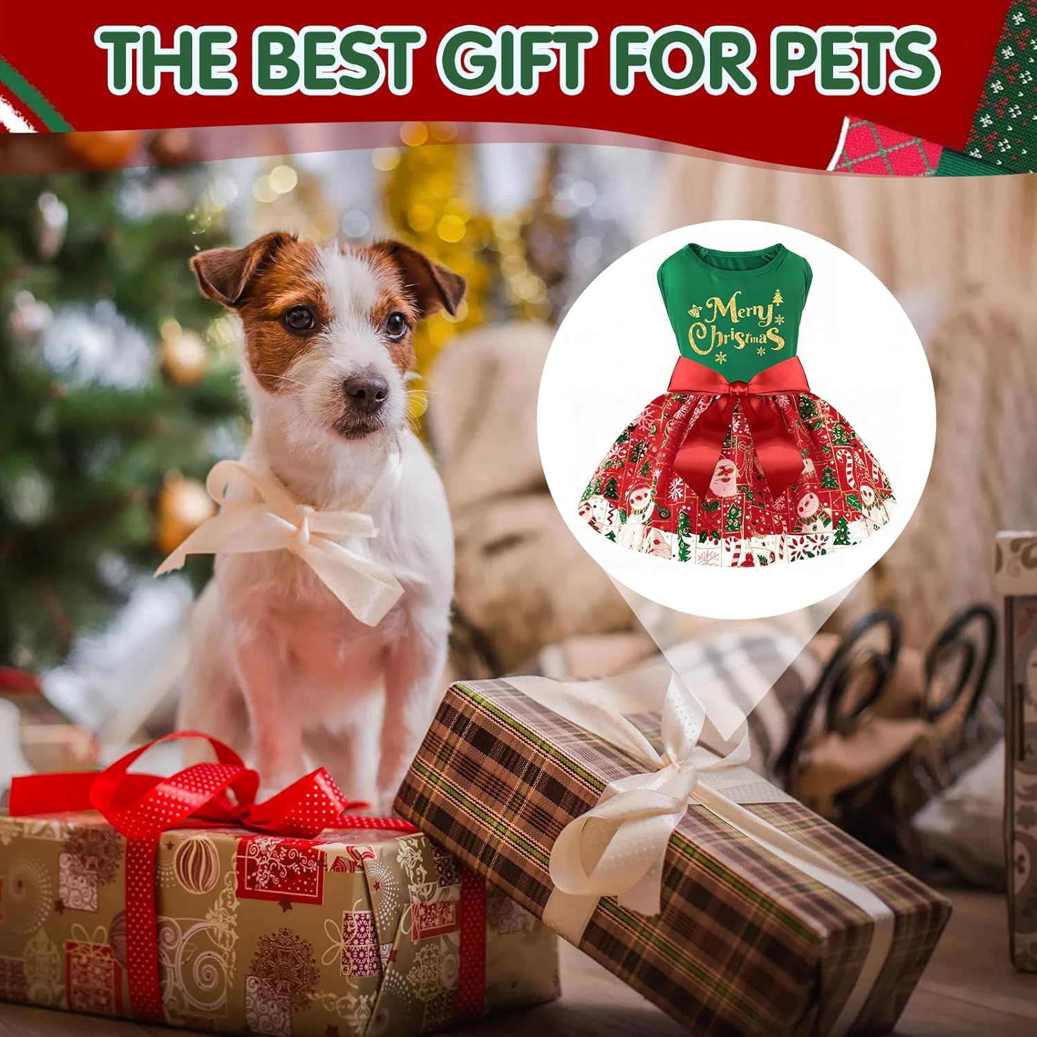 Dog Christmas Outfit Sparkly Pet Holiday Tulle Dress Christmas Dog Dress Pet Dress with Bow Puppy Sundress for Small Dogs Cat Clothes (M)