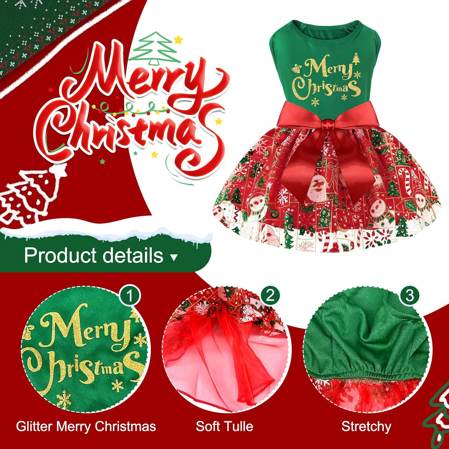 Dog Christmas Outfit Sparkly Pet Holiday Tulle Dress Christmas Dog Dress Pet Dress with Bow Puppy Sundress for Small Dogs Cat Clothes (M)