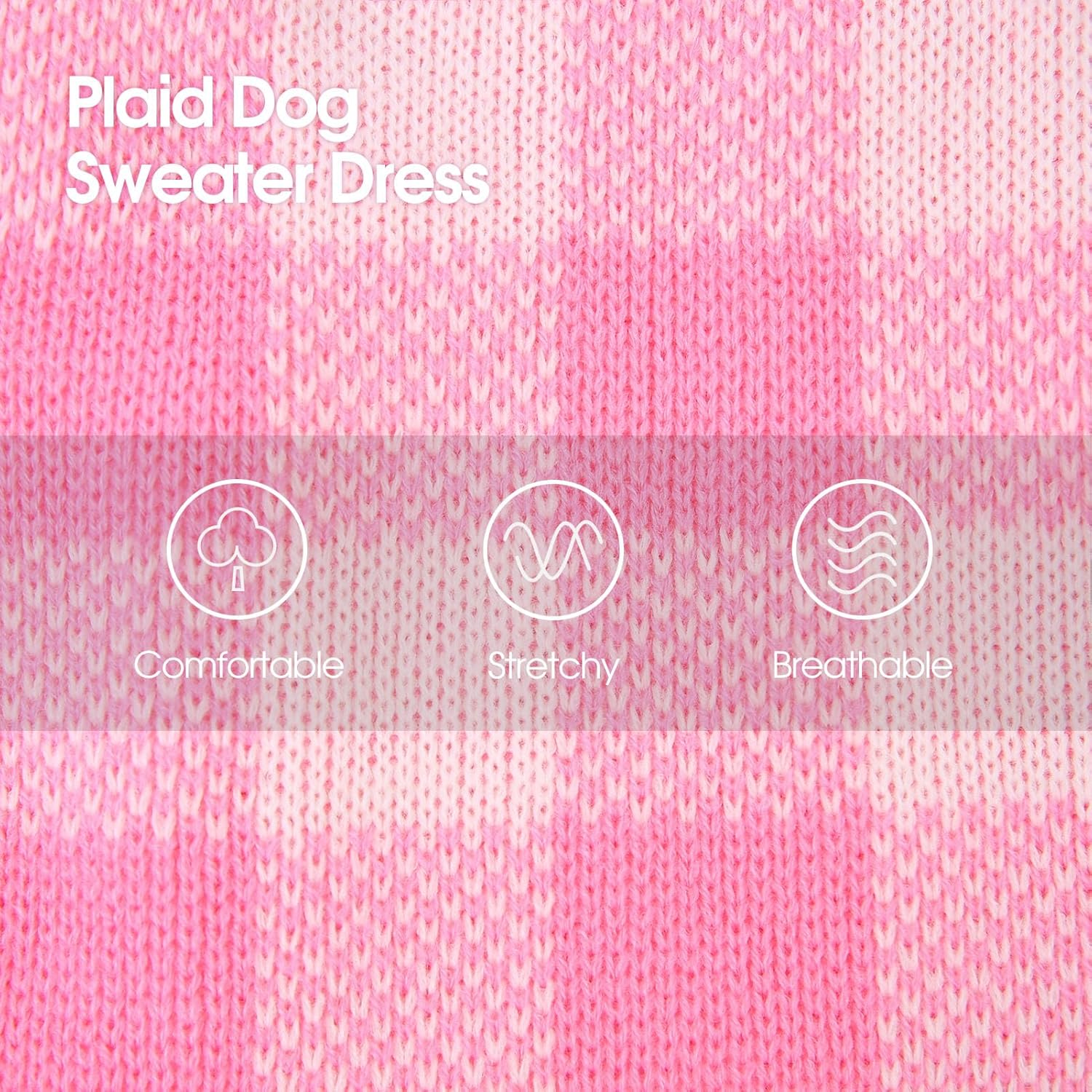 Dog Sweater Dress Plaid Knitwear for Small Medium Dogs Warm Puppy Pet Turtleneck Stretch Pullover Cute Fall Winter Vest Clothes with Leash Hole for Christmas (Pink, M)