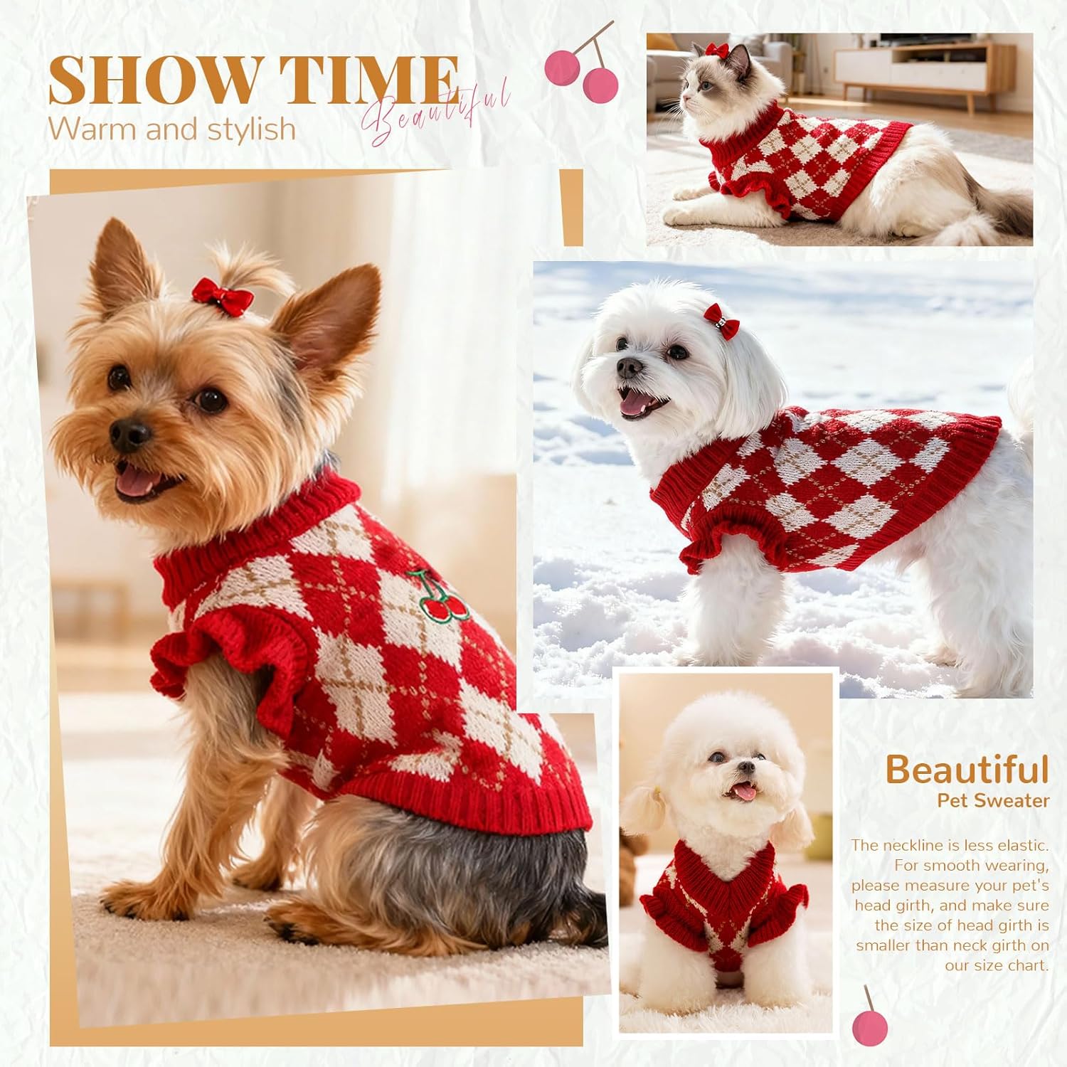 BAEJMJK Cute Cherry Small Dog Sweater Soft Girl Dog Clothes Turtleneck Warm Pet Puppy Knitted Pullover Princess Dogs Cats Outfits(Red Cherry A,X-Small)