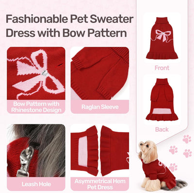 WOYYHO Dog Christmas Sweater Dress for Small Dogs Girl with Bows Pattern Red L Dog Sweaters Clothes Fall Winter Dogs Dresses with Leash Hole Outfit for Puppy Yorkie Dachshund French Bulldog