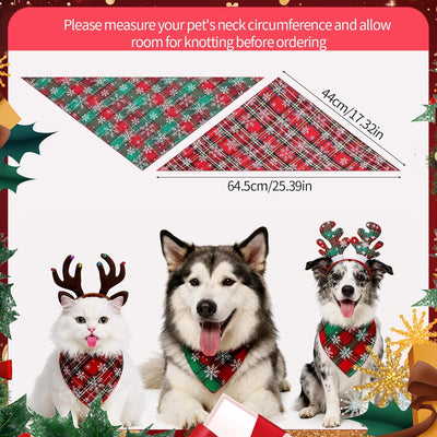 4 Pack Christmas Puppy Dog Elf Headband and Bandana Set Plaid Triangle Scarf Elf Costume Hair Hoop Pet Hat for Dog Puppy Cat