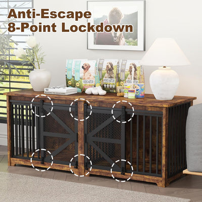 EasyCom 63in Double Dog Crate Furniture with Sliding Door for Small and Medium Dogs Chewproof Heavy Duty Dog Crate Table 8-Point Lockdown Anti-Escape Small Dog Kennel Furniture Indoor