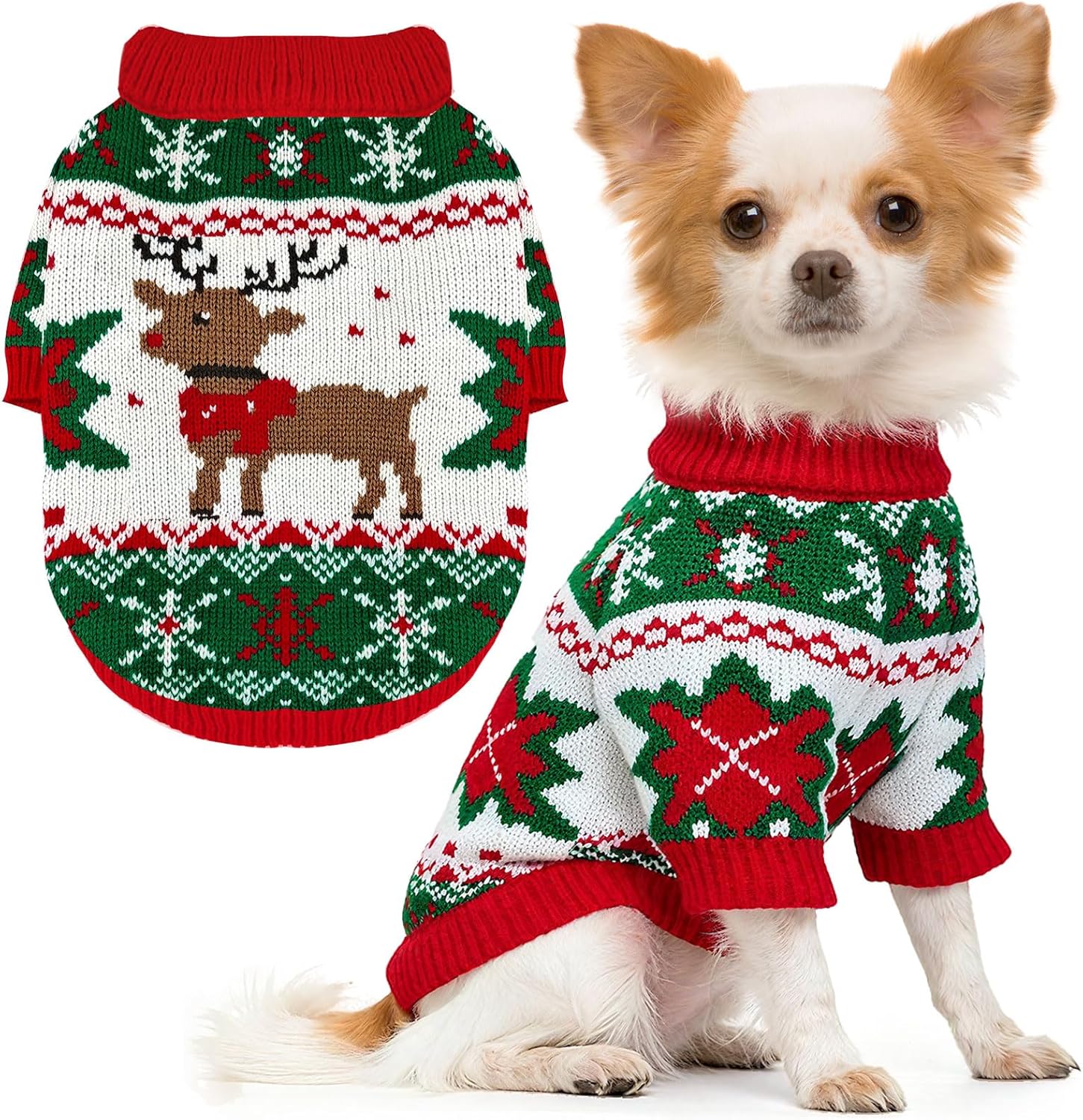 Dog Christmas Sweater Soft Warm Fall Winter Cat Clothes Puppy Sweater for Small Dogs Cute Xmas Reindeer Doggie Outfit Cat Sweaters with Sleeves Pet Holiday Costume Chihuahua Apparel(Red,M)