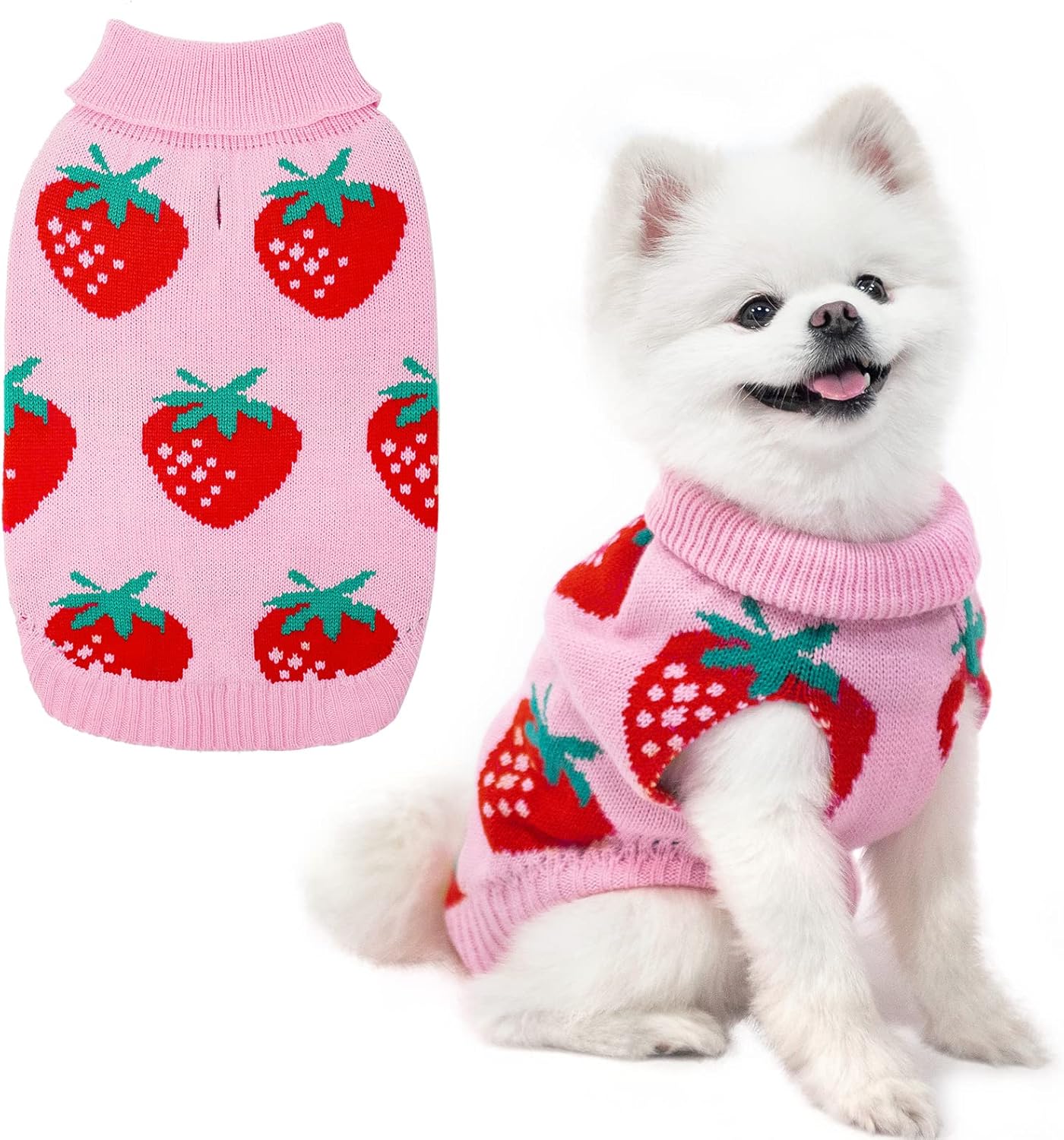 Dog Sweaters for Small Dogs - Cute Girl Dog Clothes Knitwear Warm Puppy Winter Sweater, Pink Strawberry