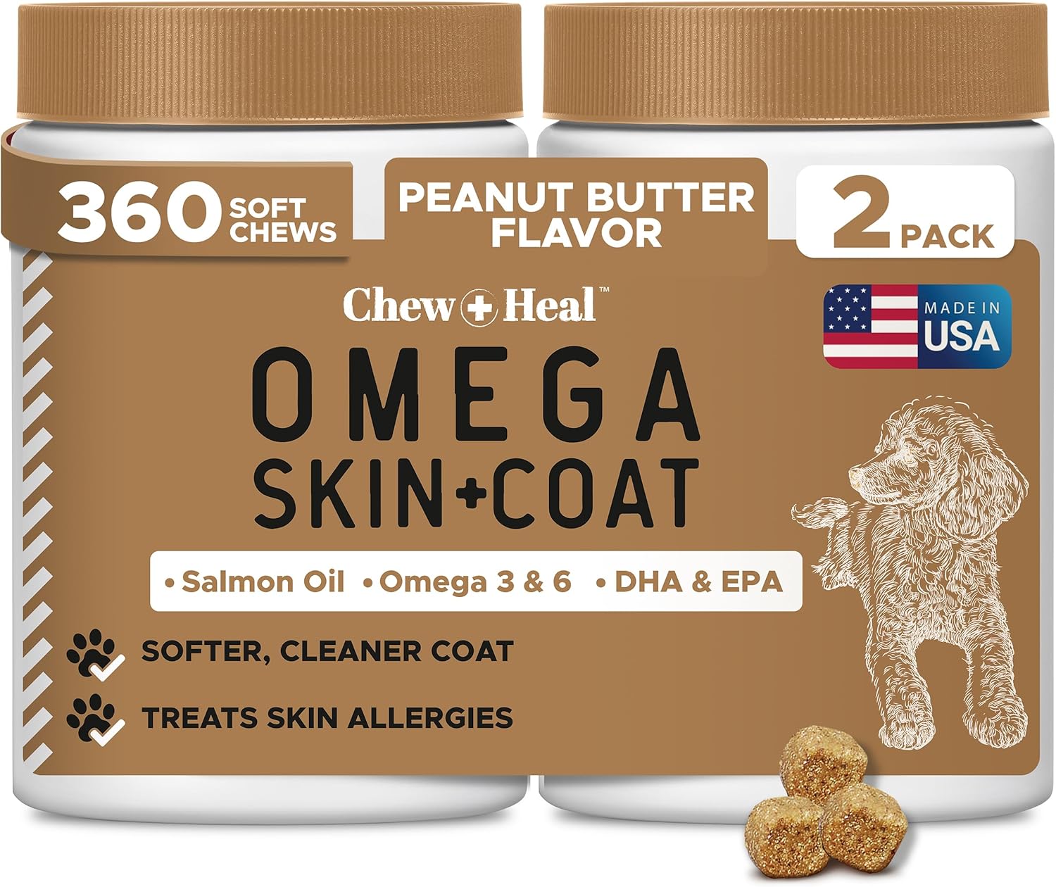 Salmon Oil for Dogs - 180 Soft Chew Omega Treats for Skin and Coat - Fish Oil Blend of Essential Fatty Acids, Omega 3 and 6, Vitamins, Antioxidants and Minerals - Made in USA