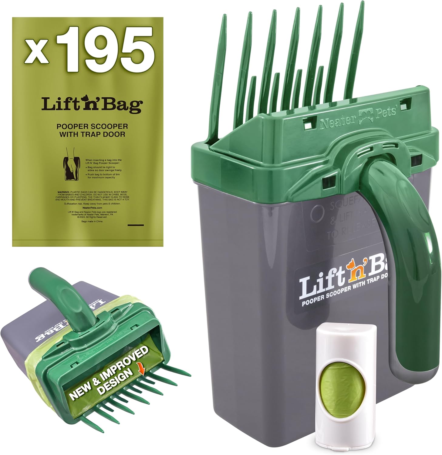 Neater Pet Brands Lift N’ Bag 2.0 Dog Pooper Scooper with Bag Attachment & 27" Pole for Small to Large Dogs, New & Improved Design, 15 Refill Bags, Heavy Duty Dog Poop Scooper for Yard, One-Hand Use